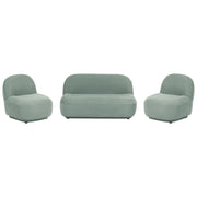 Set divano a 4 posti con poltrone e divanetto a due posti, tessuto idrorepellente verde chiaro, design contemporaneo retrò, schienale basso, salotto moderno e minimalista