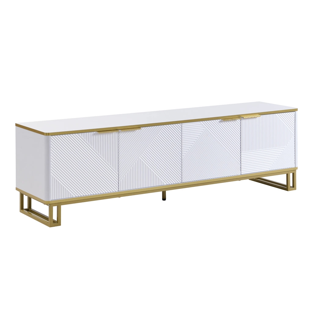 OKWISH Mobile TV con 4 Ante, Passacavi e Vano Aperto, Motivo Geometrico, per Soggiorno, MDF, Bianco, 160×37,5×48 cm