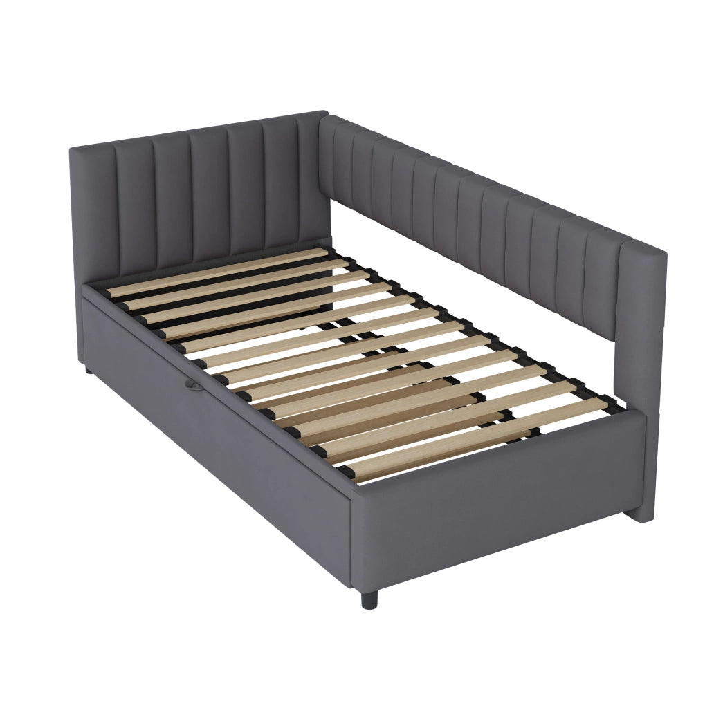 Divano letto angolare 90x200 cm estraibile; design salvaspazio; in velluto imbottito grigio