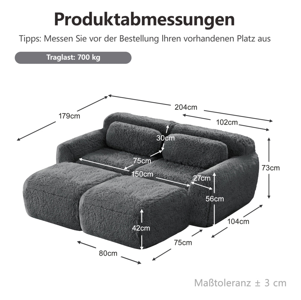 Divano modulare senza montaggio in tessuto plush grigio 204x179x73 cm con seduta ampia