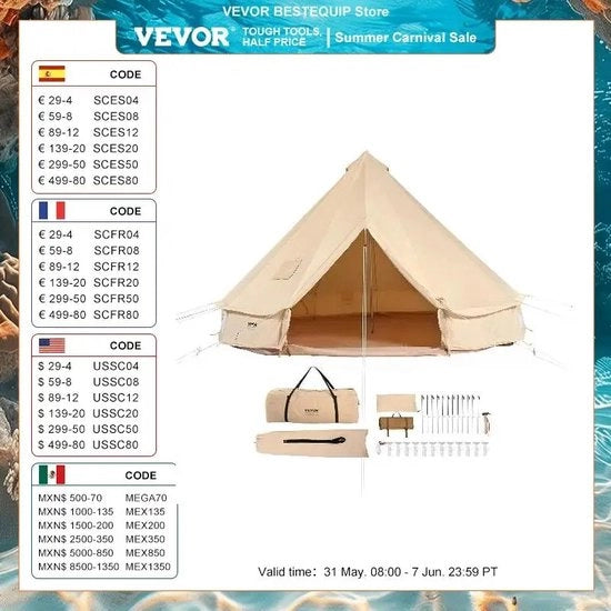 Tenda in tela - 3 metri - 4 stagioni - 6 persone - campeggio