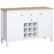 Mobile Buffet da Cucina con 2 Cassetti, 2 Porte Ripiani Regolabili e Portabottiglie per 9 Bottiglie, Bianco