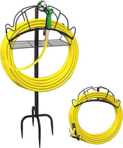 Supporto per tubi da giardino, stazione di supporto per tubi da giardino metallica, hanger per tubi da giardino removibile con contenitore di stoccaggio, supporto per tubi da giardino per cortile interno, area prato (4 piedi con punte spinose)