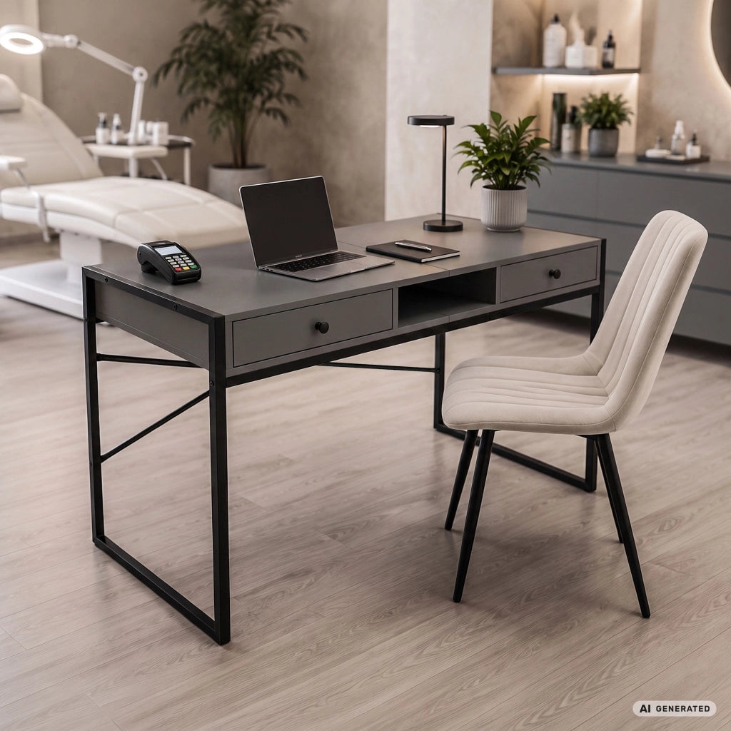 Scrivania industriale per computer Grafite ELONIS 123 cm 2 cassetti 1 ripiano gambe nere