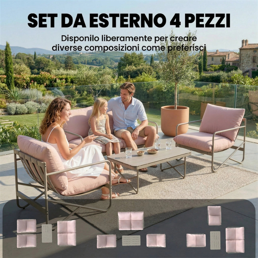 Set da Giardino 4 Persone: Divanetto, Poltrone, Tavolo, Metallo, Rosa