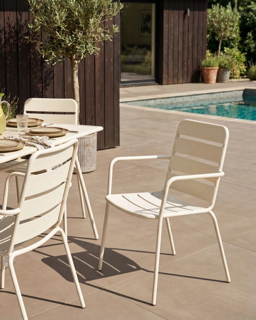 Set di 6 sedie da giardino in ferro zincato verniciato a polvere, colore beige chiaro, per esterni, stile moderno