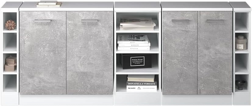 Set di mobili sottotetto Rion, Calcestruzzo, 210 cm Set di 5 carcasse armadio profondità 60 cm, adatto per il salvaspazio sotto tetti spioventi