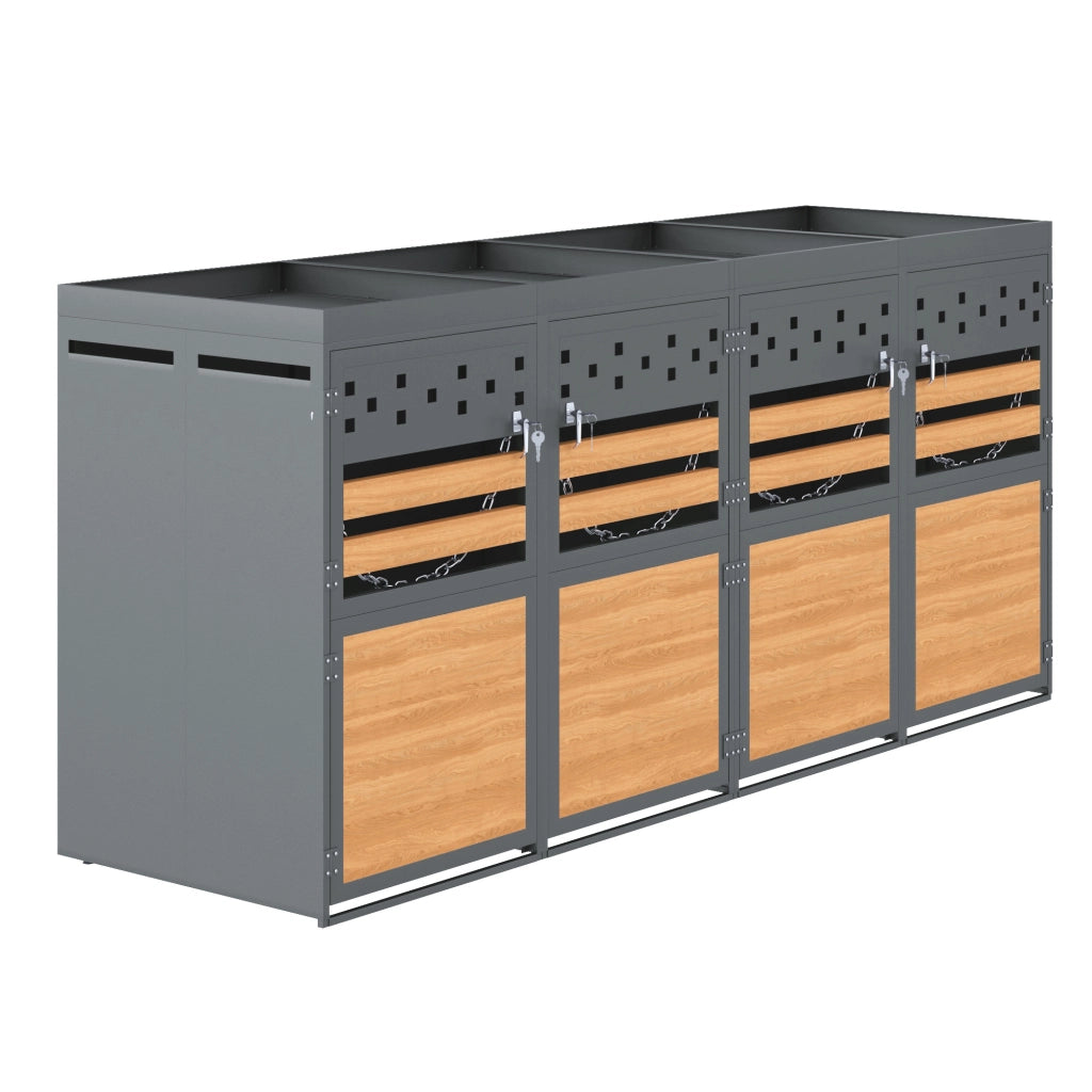 Set di box per bidoni in metallo 4 pezzi per 4 bidoni da 120-240 litri grigio con tetto piantabile