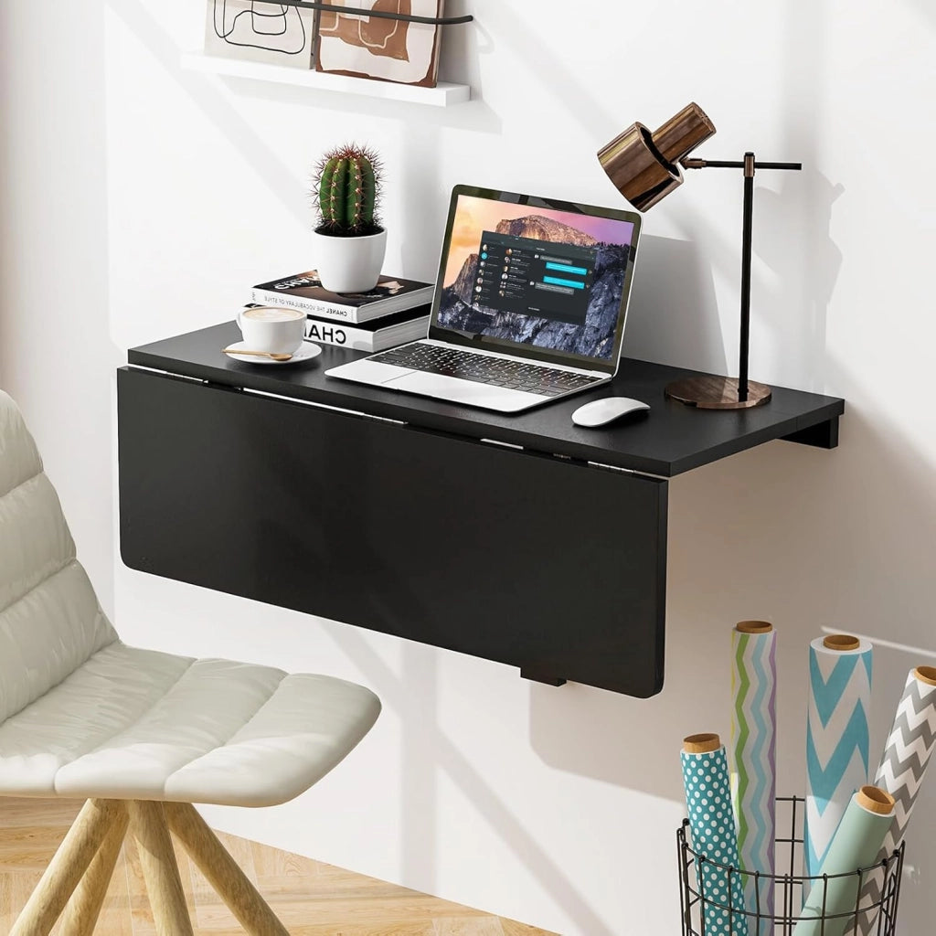 Tavolo Pieghevole a Muro, Tavolino Porta PC da Parete in Legno, Tavolo a Scomparsa Multifunzionale, Ideale per Soggiorno, Cucina e Studio, 80 x 60 x 45 cm (Nero)