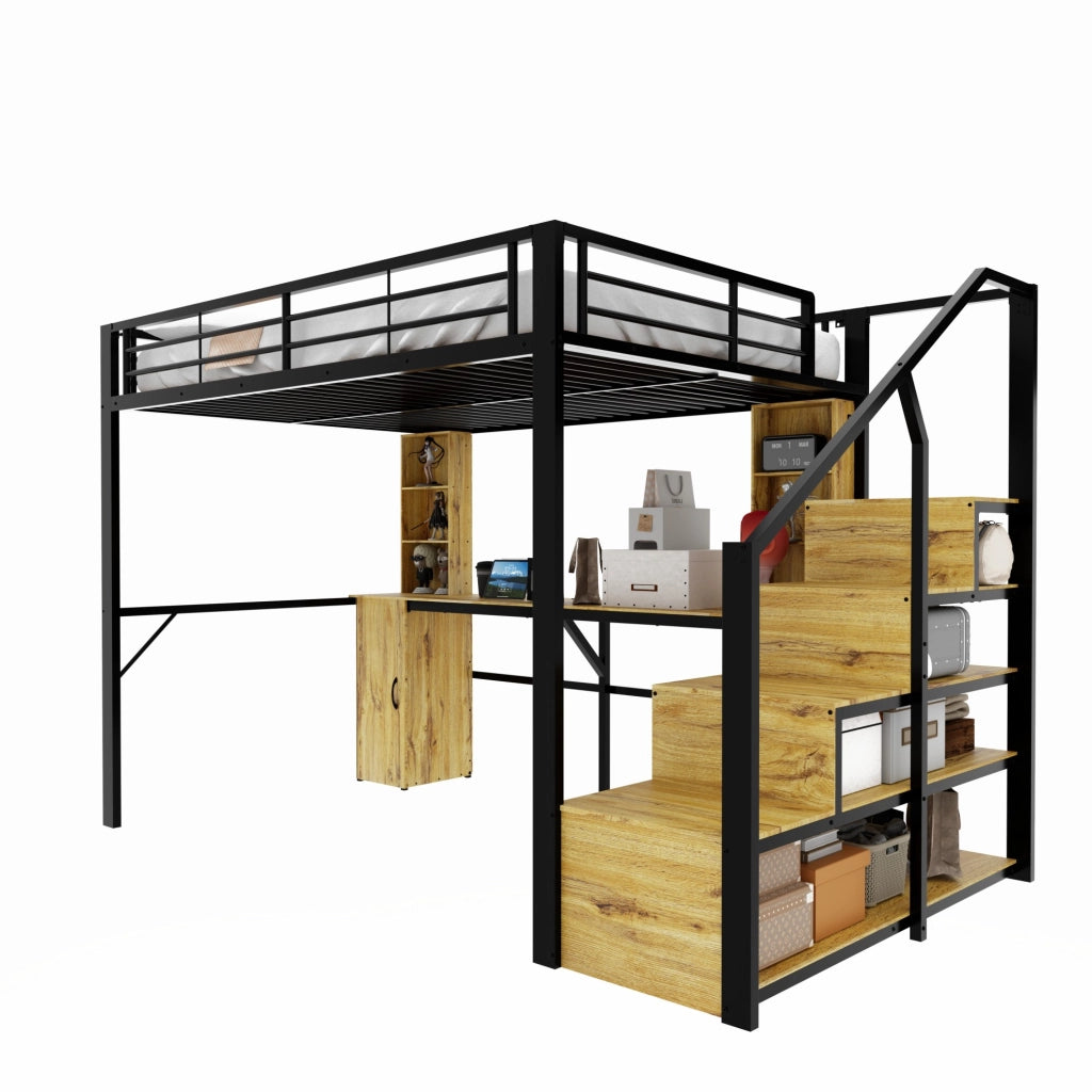 Letto a soppalco in metallo e MDF 140x200 cm con scrivania; armadio; scale contenitore e USB; nero