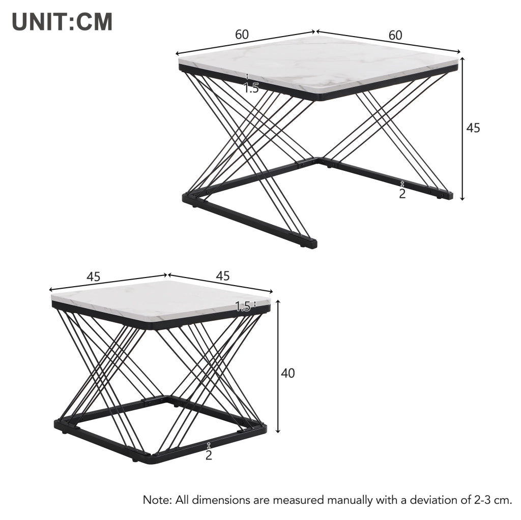 Set 2 tavolini da salotto quadrati con effetto marmo lucido; piedi regolabili; MDF; bianco e nero
