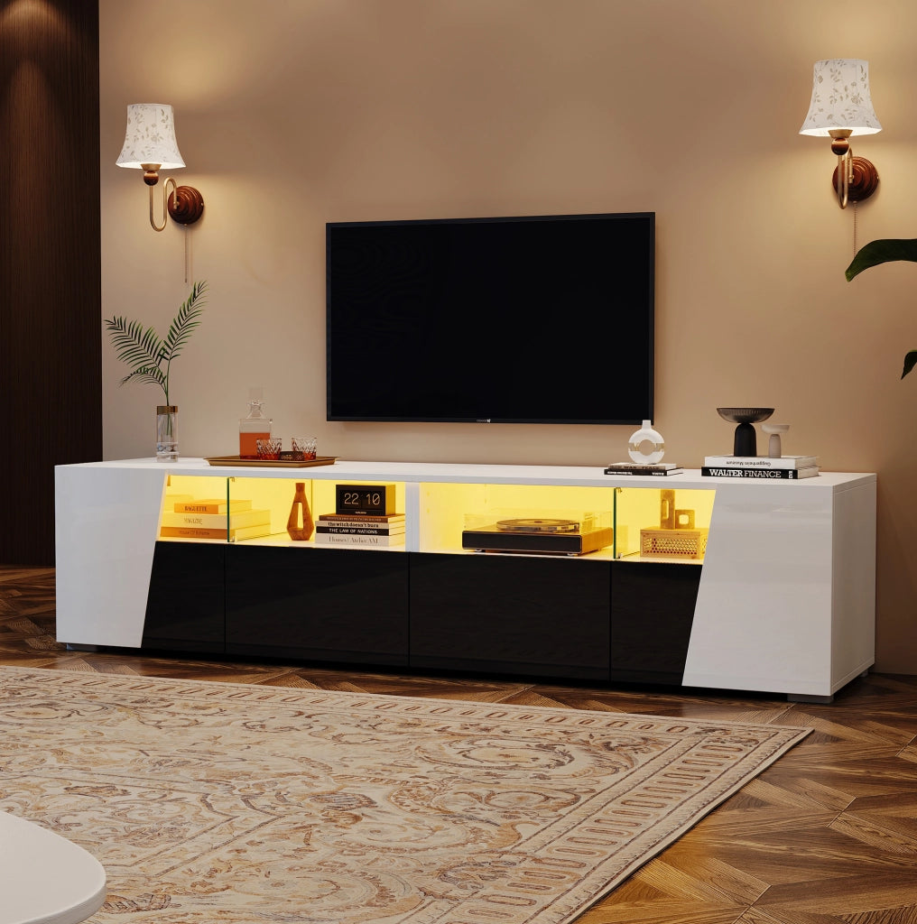 Mobile TV ULEVR 180x38,5x45 cm con LED Bluetooth, 2 ante, 2 cassetti e 4 vani aperti, bianco e nero