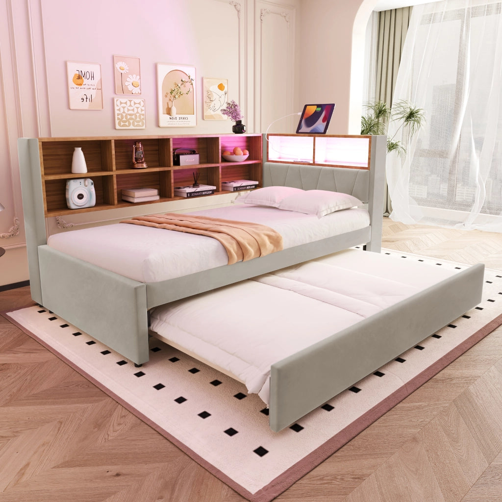 Divano letto multifunzionale 90x200 cm con letto estraibile 90x190 cm, LED, prese di ricarica e vani contenitore, grigio chiaro
