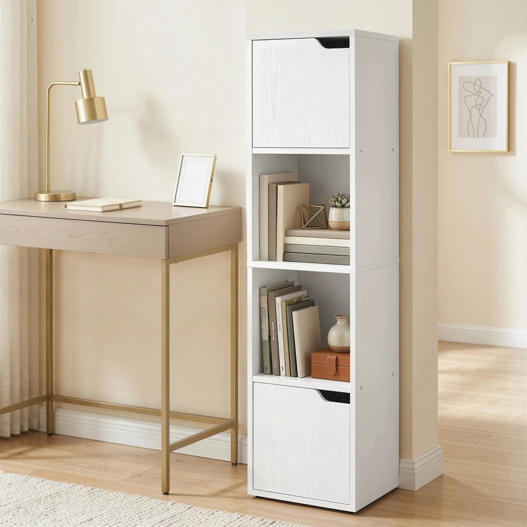 Libreria Moderna con 2 Armadietti e Ante a 4 Ripiani, 30x29x119 cm, Bianco