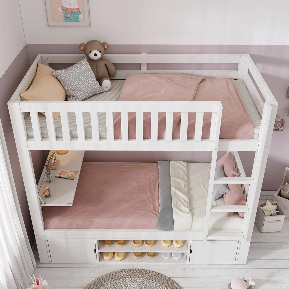 Letto a Soppalco Bambini 90x200 con Tavolo e Scarpiera ¨C Xylo ¨C Bianco, Legno, Rete a Doghe