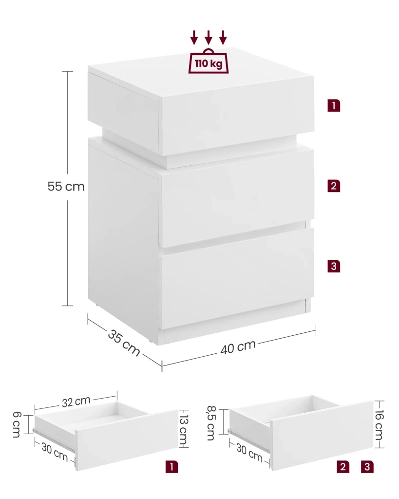 Comodino con striscia LED multicolore 335 x 40 x 55 cm regolabile 3 cassetti tavolino in stile moderno bianco 12_0007597