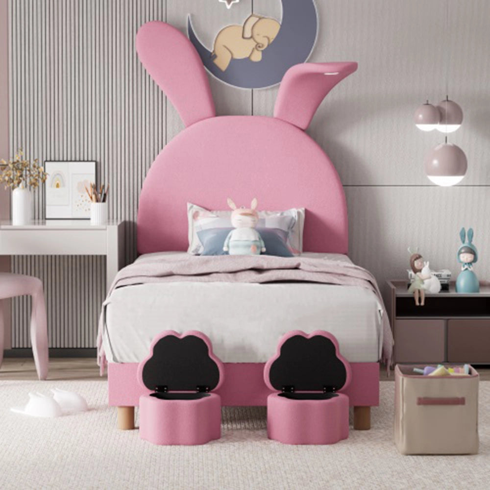 Lit LED per bambini con tabouret - Xylo - 90x200 cm - Rosa - Testiera regolabile