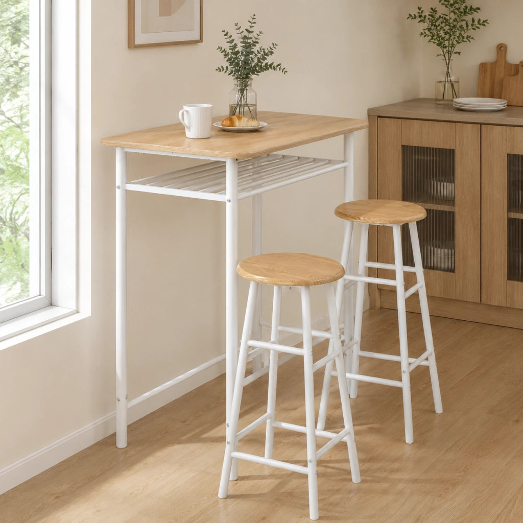 Set tavolo da bar con 2 sgabelli; 80x50x90 cm; salvaspazio in MDF bianco