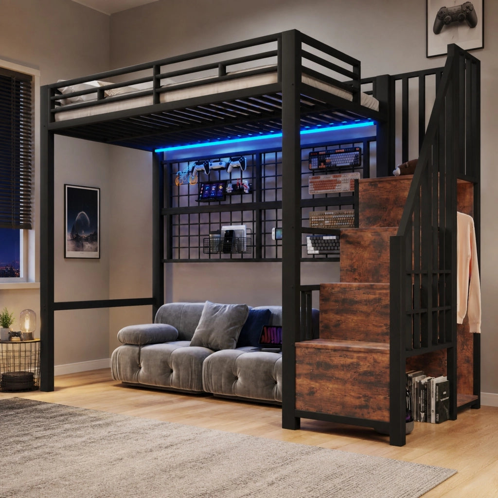 Letto a soppalco 90x200 cm con armadio, LED 7 colori