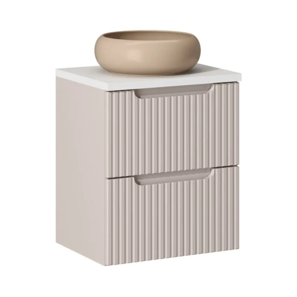 Insieme VANO cachemire e bianco 50cm: mobile sotto lavabo con cassetti + piano per lavabo + lavabo rotondo cappuccino da appoggio