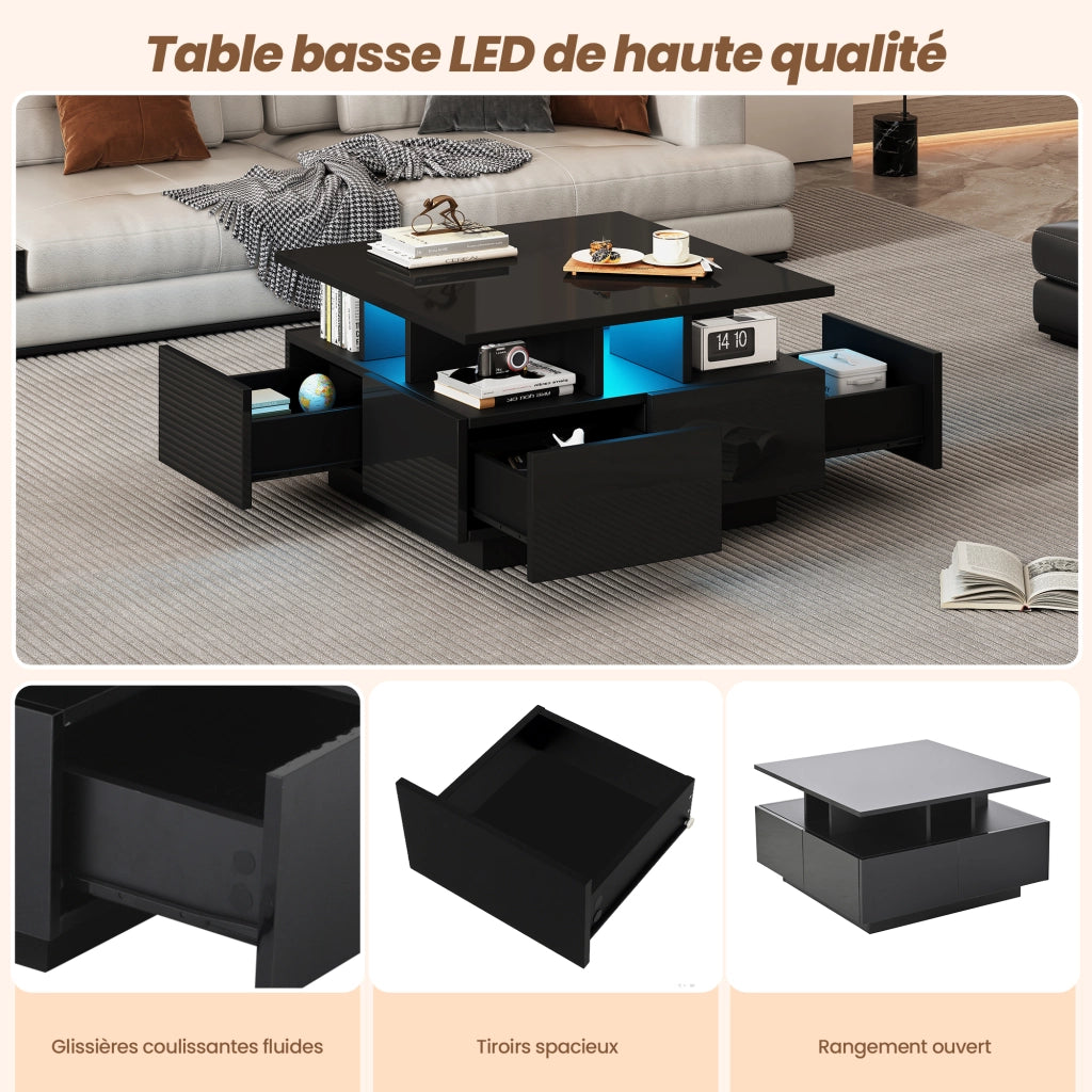 Tavolino da Caffè Quadrato con 4 Cassetti e LED; Nero Lucido; Design Geometrico; in Pannello Truciolare; 70×70×40 cm