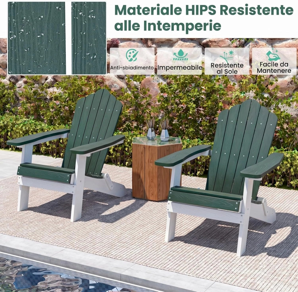 Sedia Adirondack Pieghevole da Giardino, Sedia da Patio in HIPS con Braccioli Larghi e Schienale Inclinato, Poltrona in Legno, per Giardino Cortile, Portata 180 kg (2, Verde+Bianco)