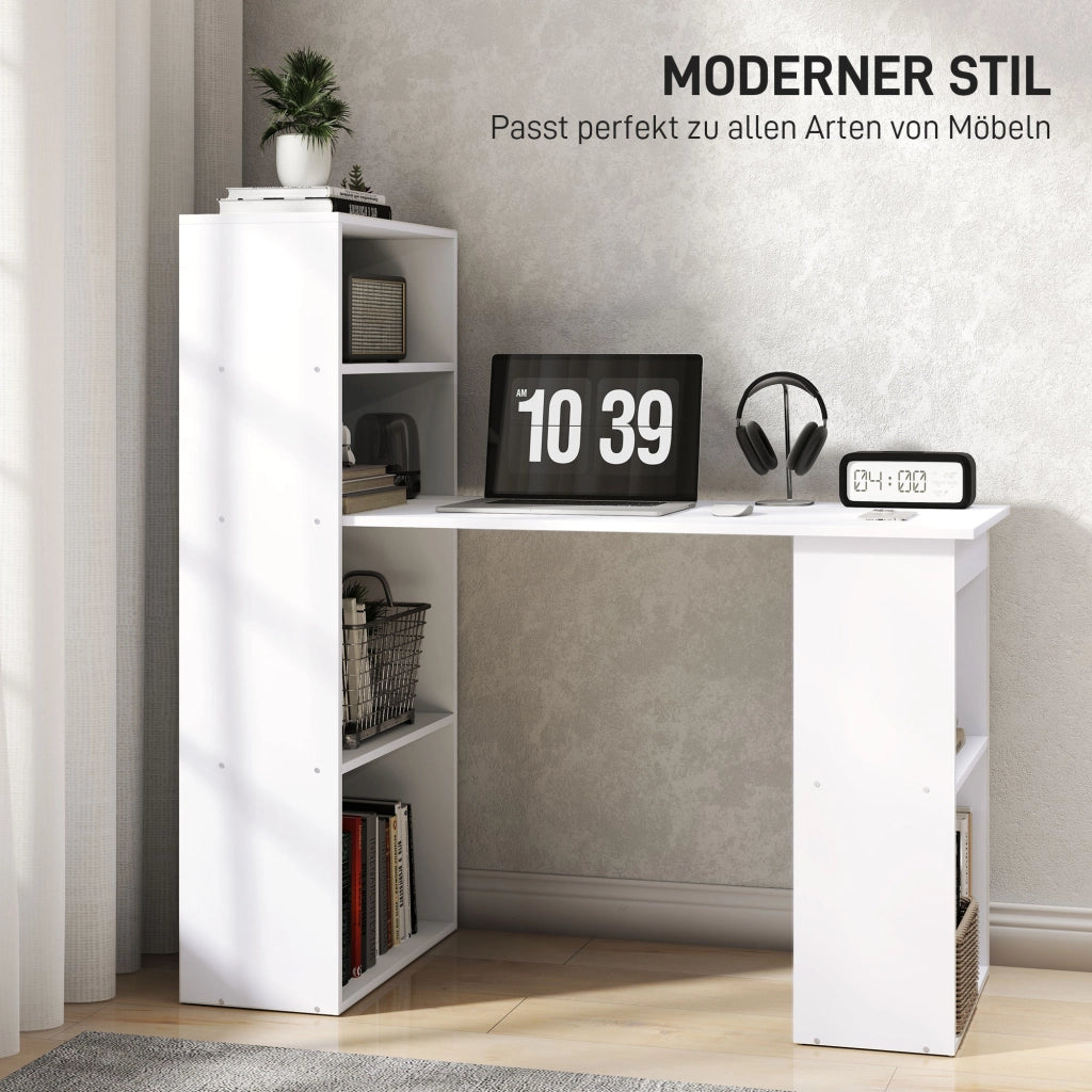 Scrivania lineare con 4 ripiani e 2 vani aperti per ufficio e home office, bianco, 120 × 55 × 120 cm