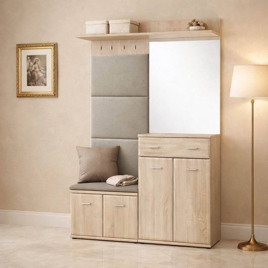 Mobile Ingresso Scarpiera Appendiabiti Imbottito Set Entrata Anta Specchio Vani Guardaroba Ganci Mobiletto Contenitore Multifunzione Salvaspazio Corridoio Casa Design Moderno 120 x 32 x 203 Cm Rovere