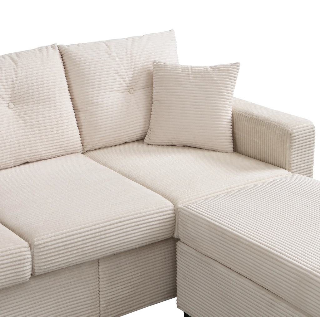 Divano angolare a L con pouf mobile e LED controllati da app; velluto a coste beige