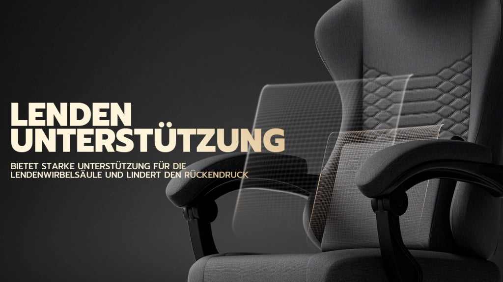 Sedia da ufficio gaming ergonomica con poggiatesta, supporto lombare, poggiapiedi e braccioli in tessuto nero con ruote