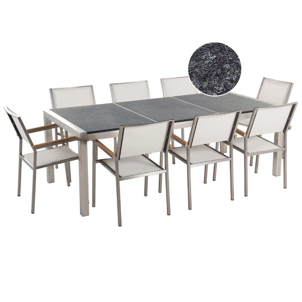 Set da pranzo da giardino bianco con piano in granito fiammato 8 posti 220 x 100 cm