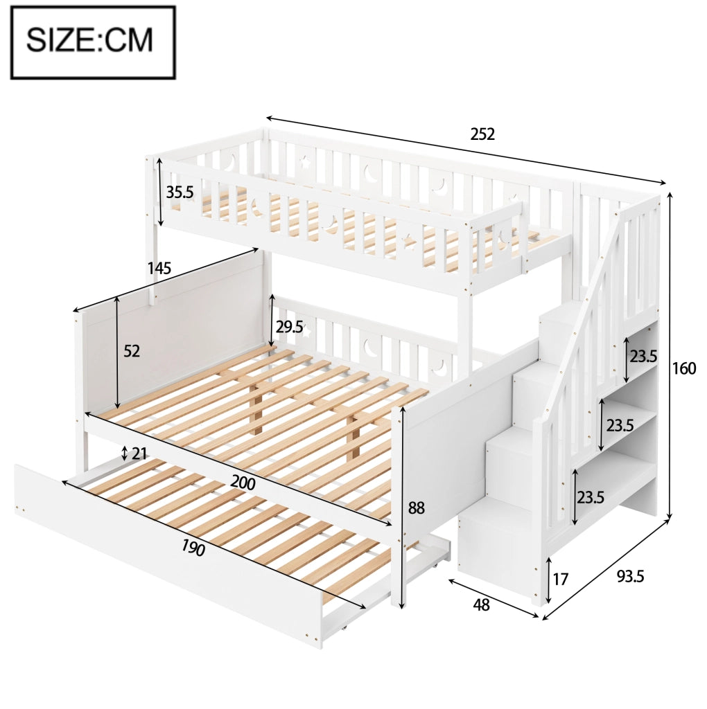 Letto a castello per bambini con scala contenitore, letto estraibile e rete