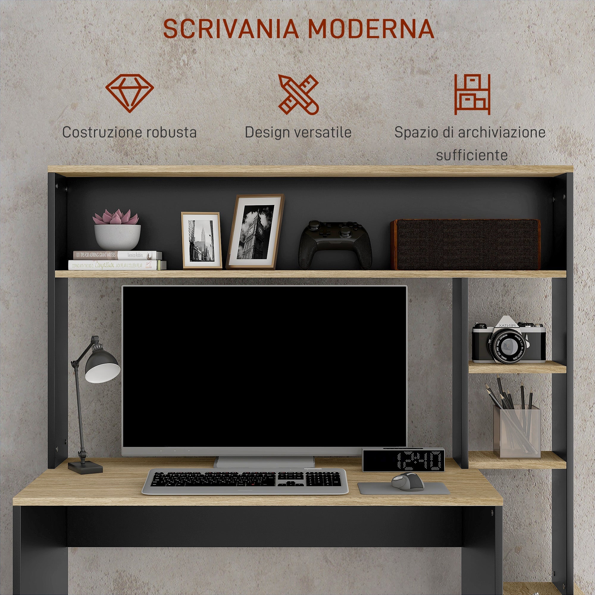 Scrivania Moderna con Ripiani e Supporto per CPU 114x45x138 cm in Legno Grigio e Legno Naturale
