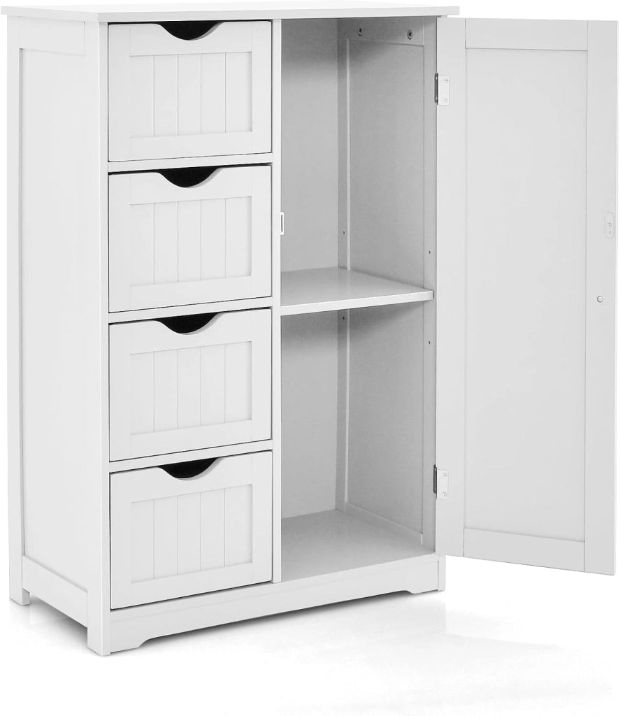 Armadietto portaoggetti con ripiano regolabile, armadio da bagno con 4 cassetti e 1 anta, 56 x 30 x 82 cm, con chiusura ribaltabile, per soggiorno, cucina (bianco), SE09884MTDE