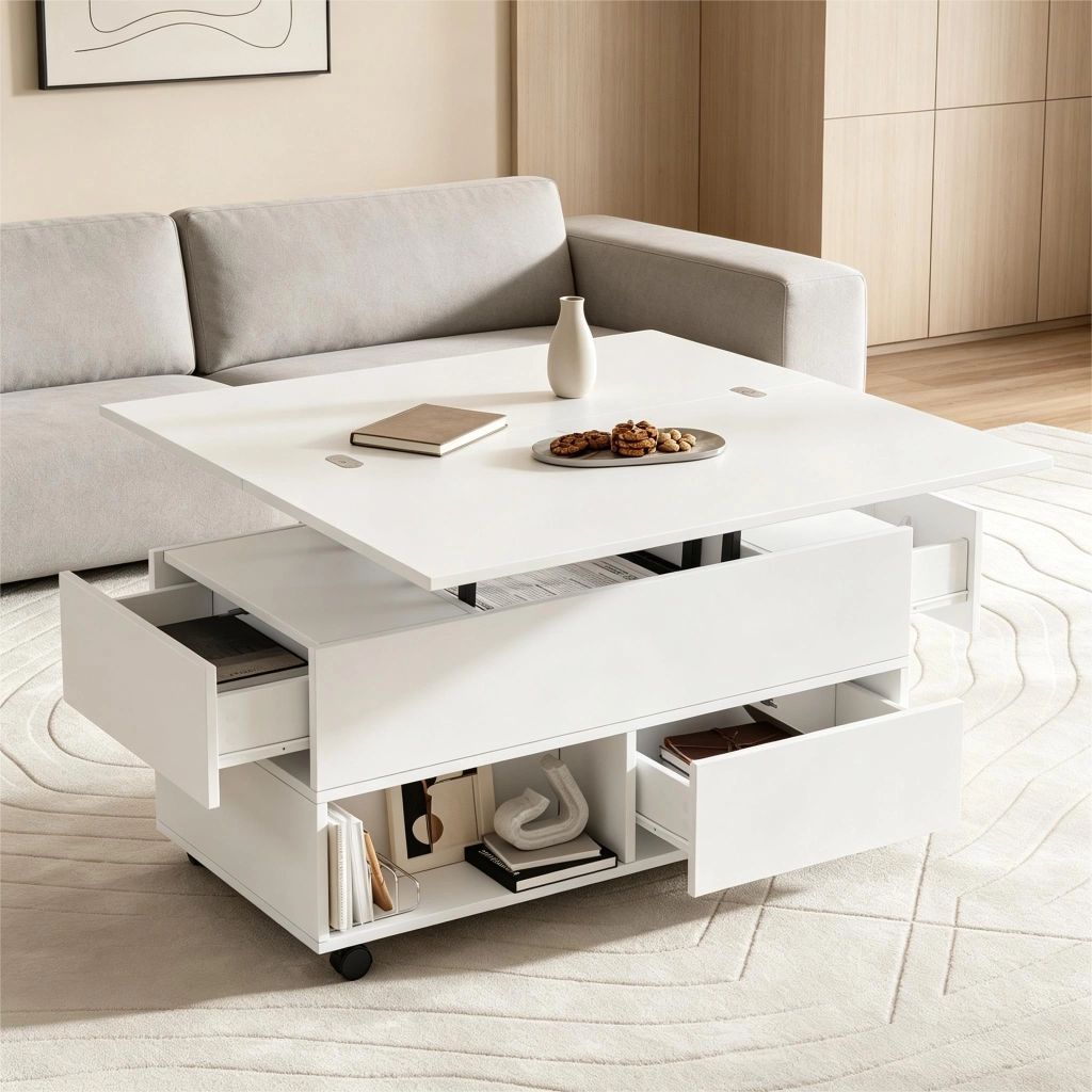 Tavolino basso sollevabile in truciolare con 4 cassetti, 2 vani aperti e rotelle, bianco, 100 × 50 × 52 cm