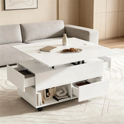 Tavolino basso sollevabile in truciolare con 4 cassetti, 2 vani aperti e rotelle, bianco, 100 × 50 × 52 cm