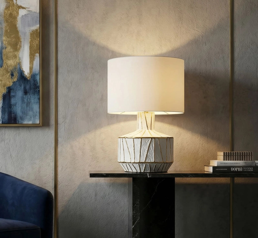 Lampada da Tavolo Tangeri Ø40x60 cm in Ceramica e Ferro e Tessuto Bianco e Oro
