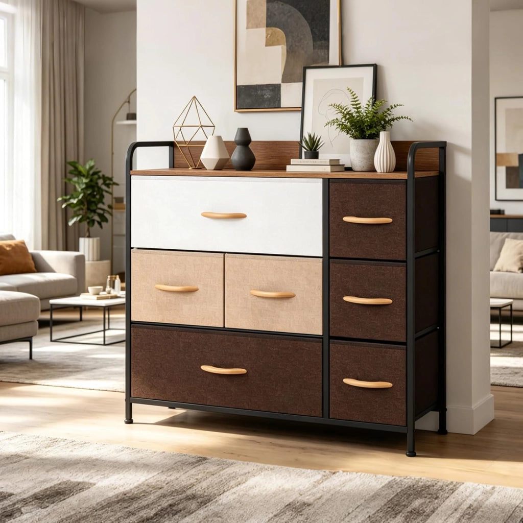 Cassettiera in Tessuto, Mobiletto con Cassetti Pieghevoli e Piedini Regolabili, Struttura in Metallo, Armadietto Salvaspazio per Soggiorno, Camera da Letto, Cucina (81 X 31 X 79 CM)