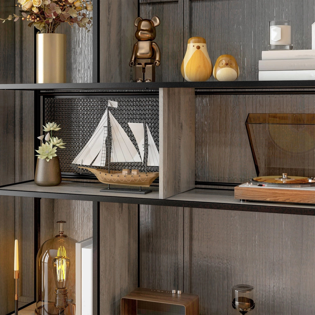 Libreria Design Industriale a 5 Livelli Porta Metallica Scorrevole 120x30x161 cm in Legno e Acciaio Nero e Grigio
