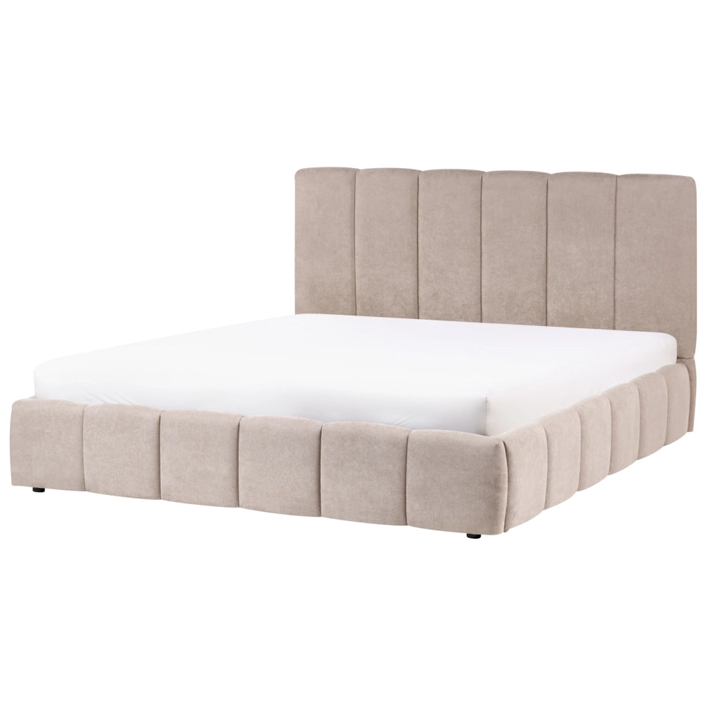 Letto matrimoniale contenitore con trapuntatura verticale in tessuto tortora 180x200 cm struttura sollevabile e testiera alta