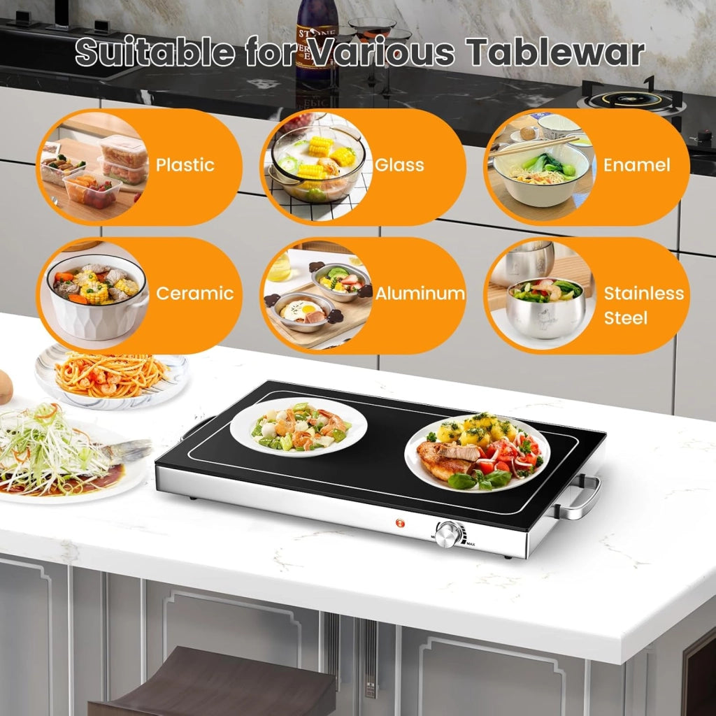 Vassoio Scaldavivande Elettrico 300 W, Scalda Vivande Temperatura Regolabile 50-120℃, Vassoio 56 X 36 CM, con Maniglia Cool-Touch, Superficie in Vetro Temperato, per Famiglia, Feste, Picnic
