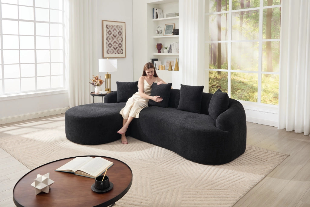 Divano modulare 3 posti con chaise longue sinistra e design curvo in chenille nera per soggiorno
