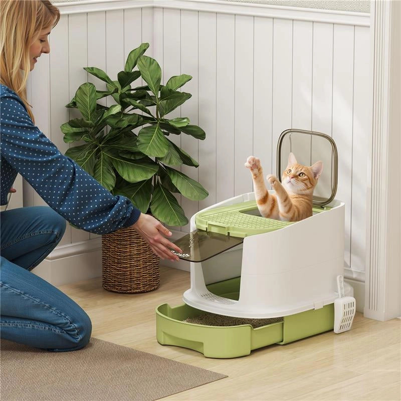 LETTIERA PER GATTI CHIUSA CON 2 PORTE, VASSOIO ESTRAIBILE, PALETTA E DEODORANTE, IN PP, 40.5X52.5X42.5 CM, VERDE