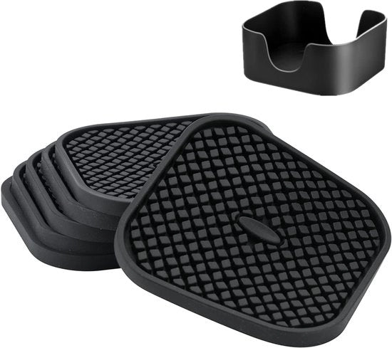 Set di 6 supporti in silicone con alloggiamento - Profondamente scanalati, assorbenti, supporto grande da 10 cm - Ideale per bevande calde e fredde (quadrato - nero)