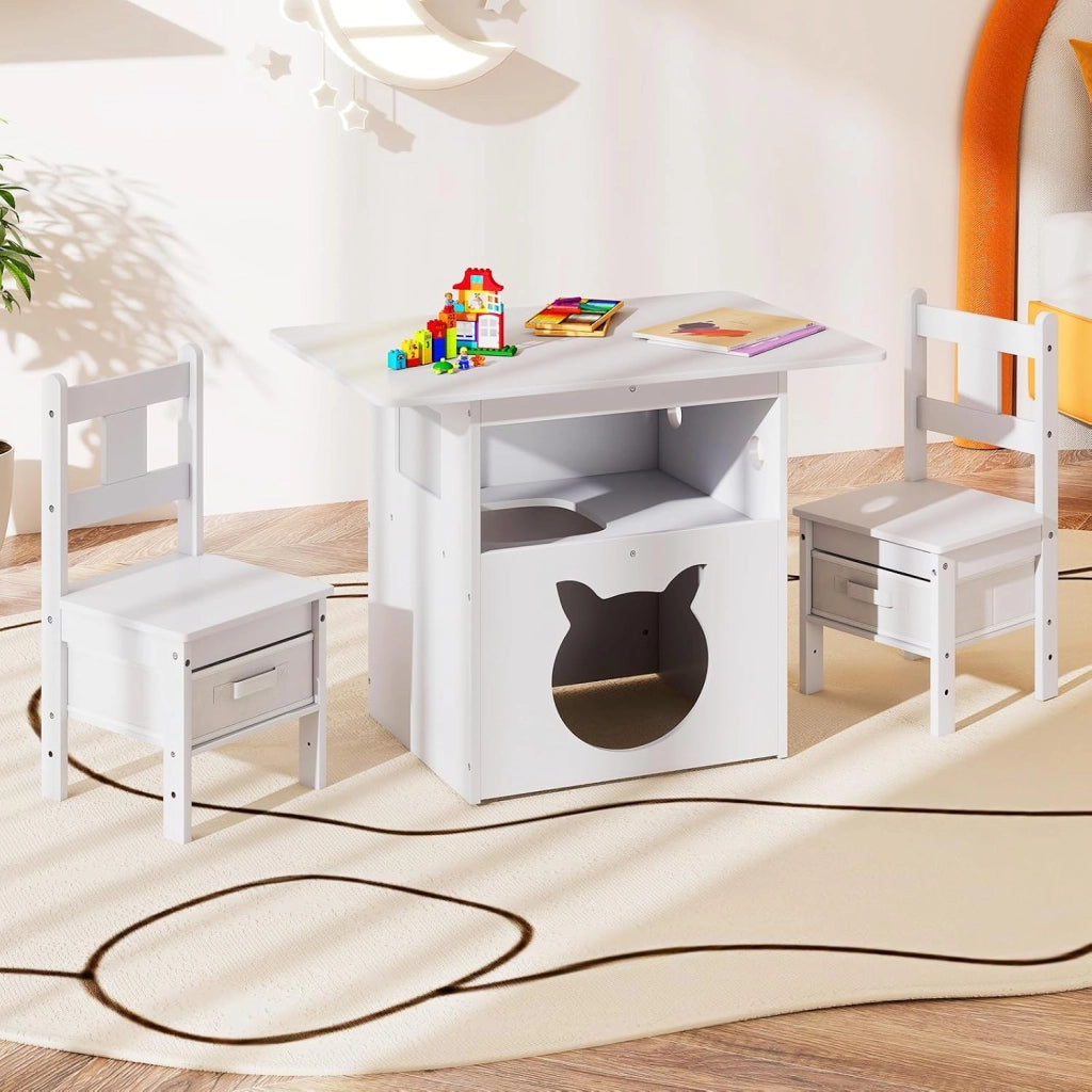 Tavole e Sedie per Bambini 3+ Anni, Tavolo in Legno con Casetta per Gatti, Buco per Gatti & Finestra Trasparente, 2 Sedie con Contenitori in Tessuto, Ideale per Disegnare e Studiare