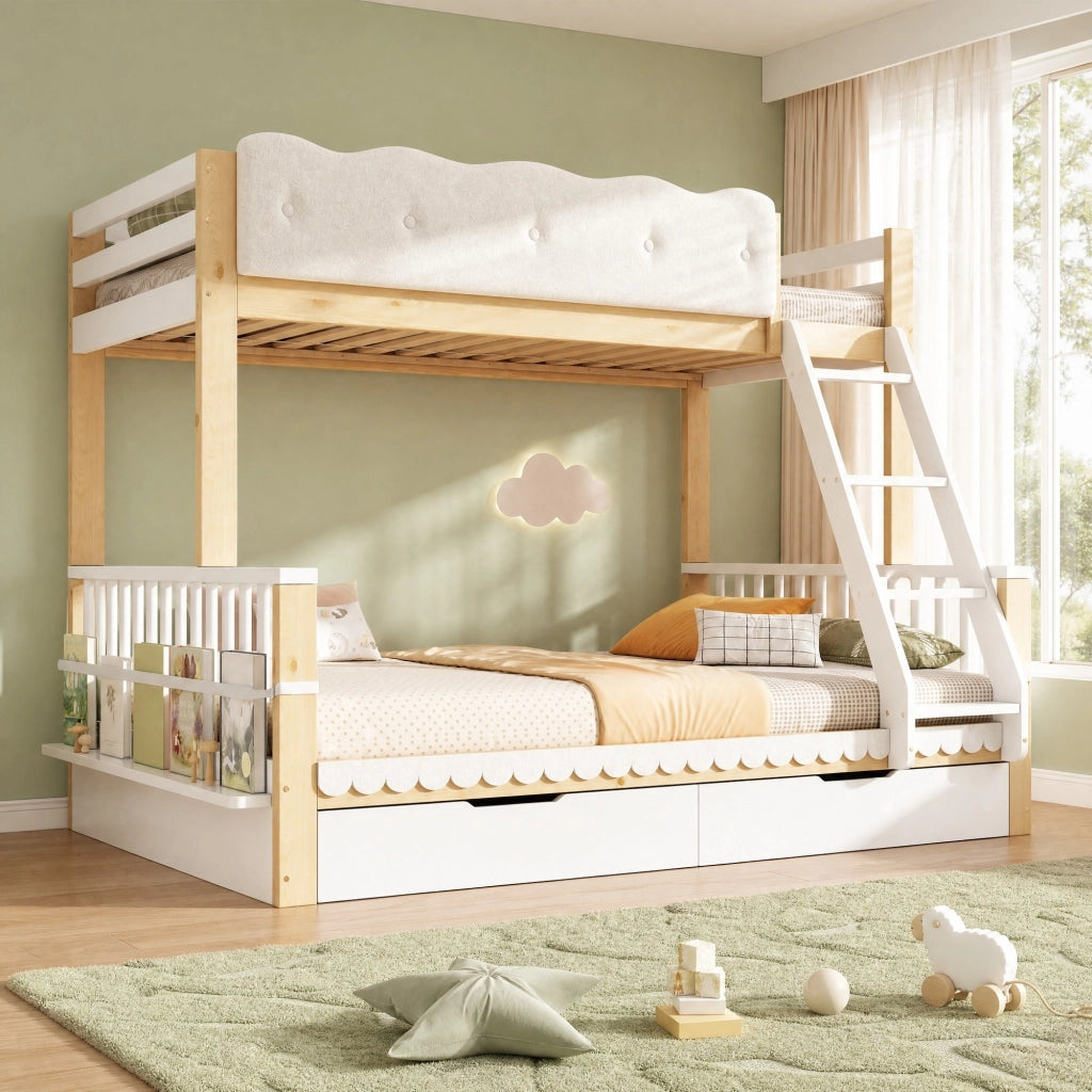 LETTO A CASTELLO 90x200/140x200 cm con cassetti e portariviste Bianco e Rovere