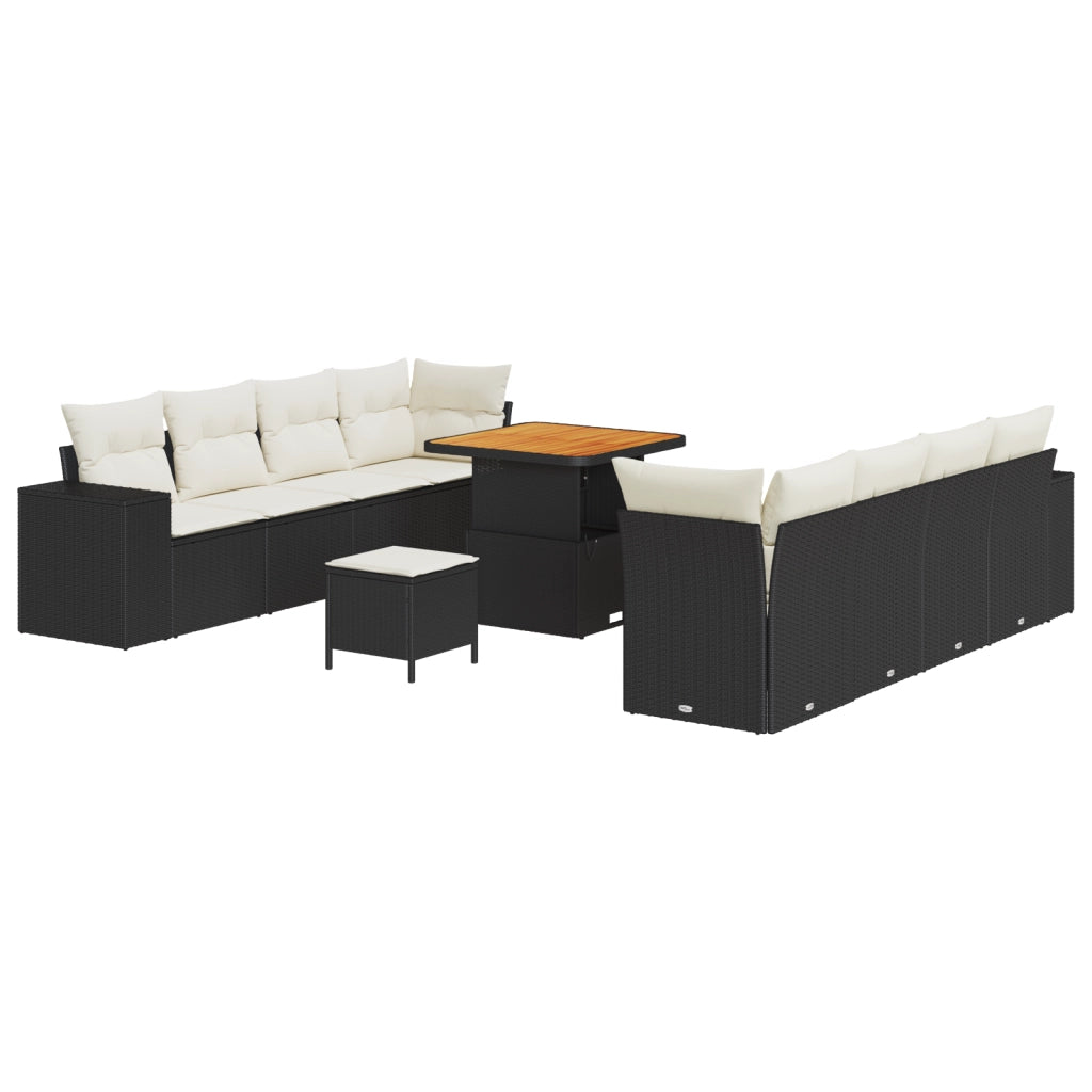 Set Divano da Giardino da 11 Pezzi con Cuscini Nero Rattan Polimerico Acacia
