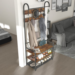 Mobile Ingresso Appendiabiti con Panca e Scarpiera 80x40x182 cm in Legno e Metallo Marrone e Nero