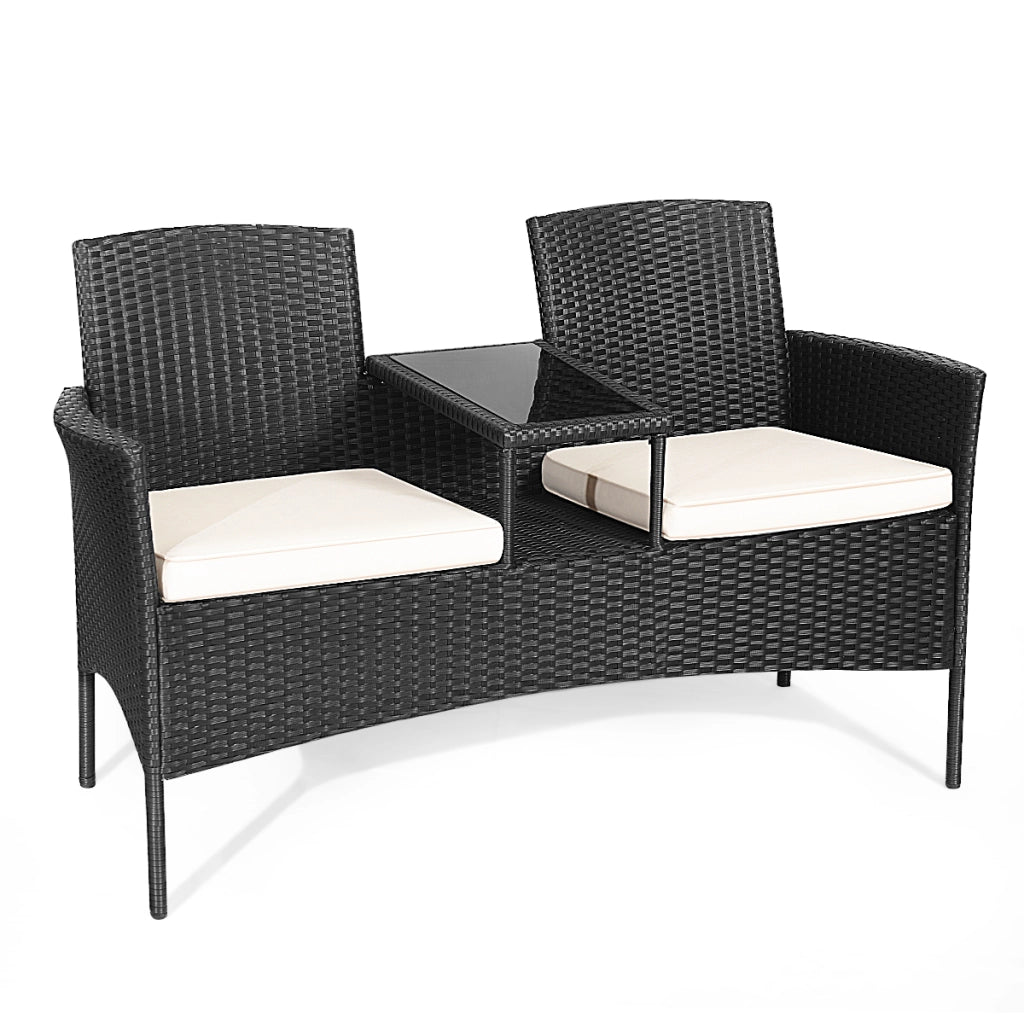 Set di mobili in rattan con struttura in metallo cuscini rimovibili, Poltrona da patio con tavolo in vetro Bianco-Set mobili da esterno