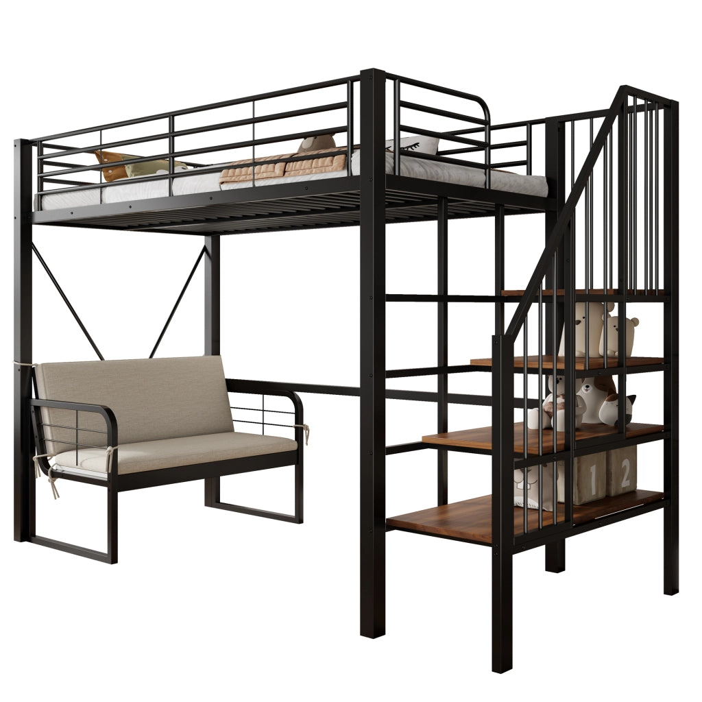 Letto a castello 90 × 200 cm con divano imbottito, scala con contenitore, senza materasso, metallo nero